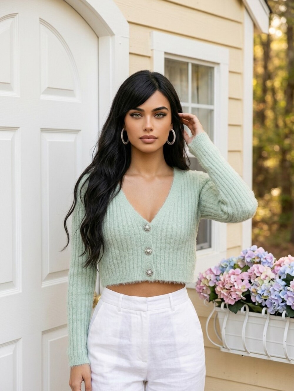 Fashion Nova Mint Green Ribbed V-Neck Cropped Sweater